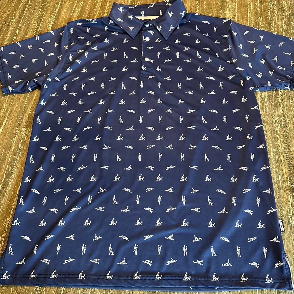 Greater Half ‘Sex Ed’ AOP Performance Golf Polo Shirt Navy White Men’s Size L